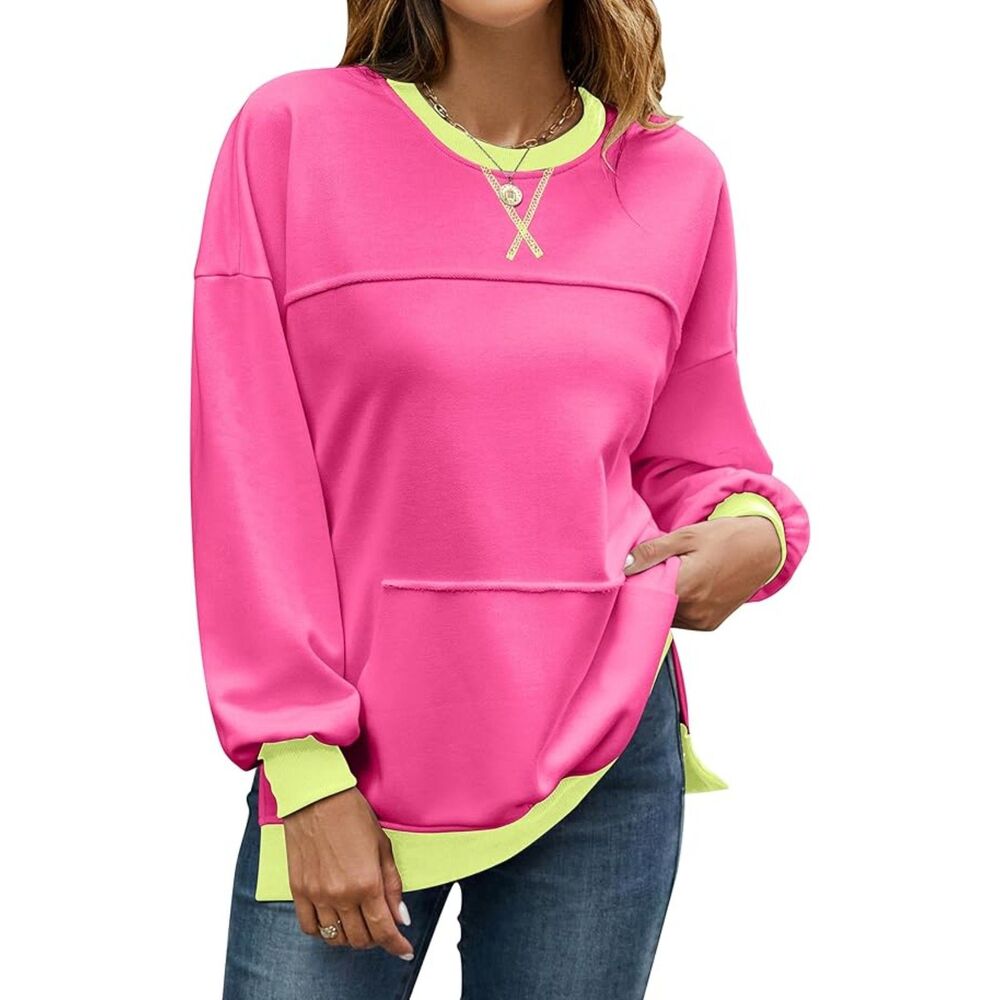 BMJL Women's Oversized Crewneck Pullover Sweatshirt Color Block Reverse Seam- M